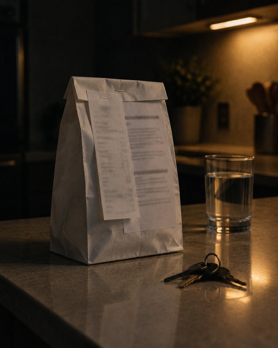 A pharmacy bag and a glass of water on a nightstand