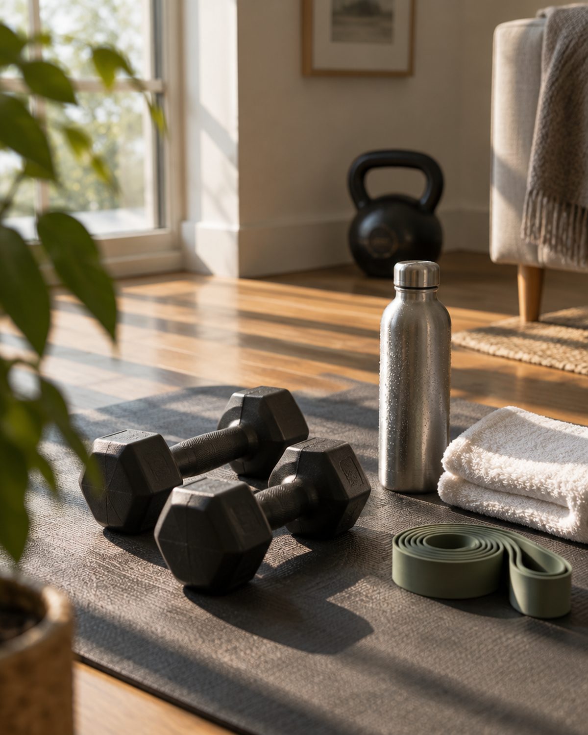 Dumbbells on a mat by the window after a home workout
