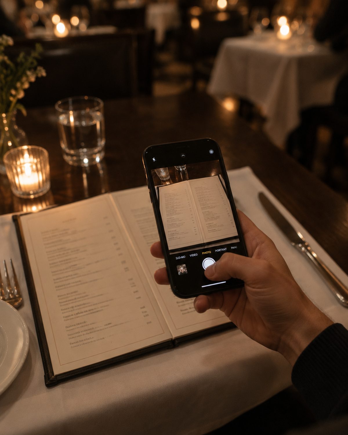A hand holding a phone over a restaurant menu, taking a photo of it